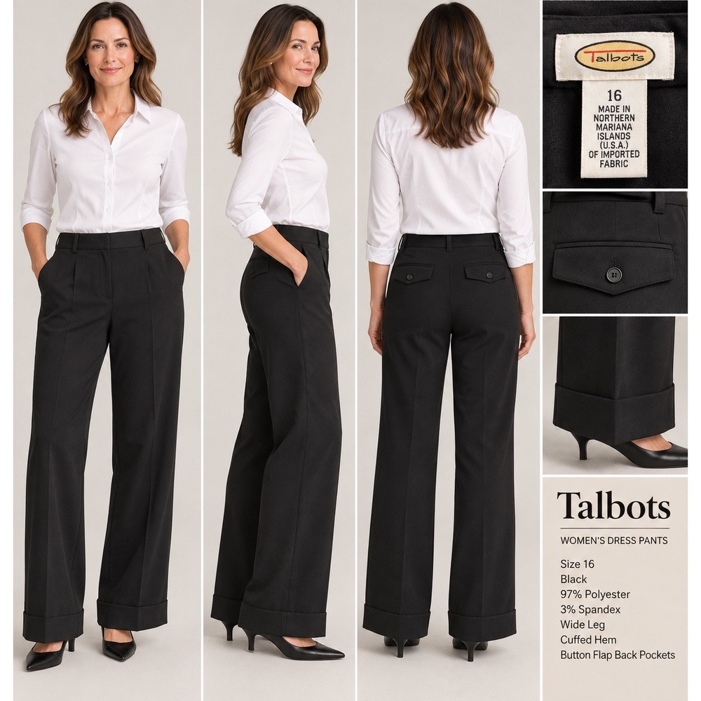 Talbots Womens Black Wide Leg Cuffed Dress Pants Size 16 NWT Stretch Trouser